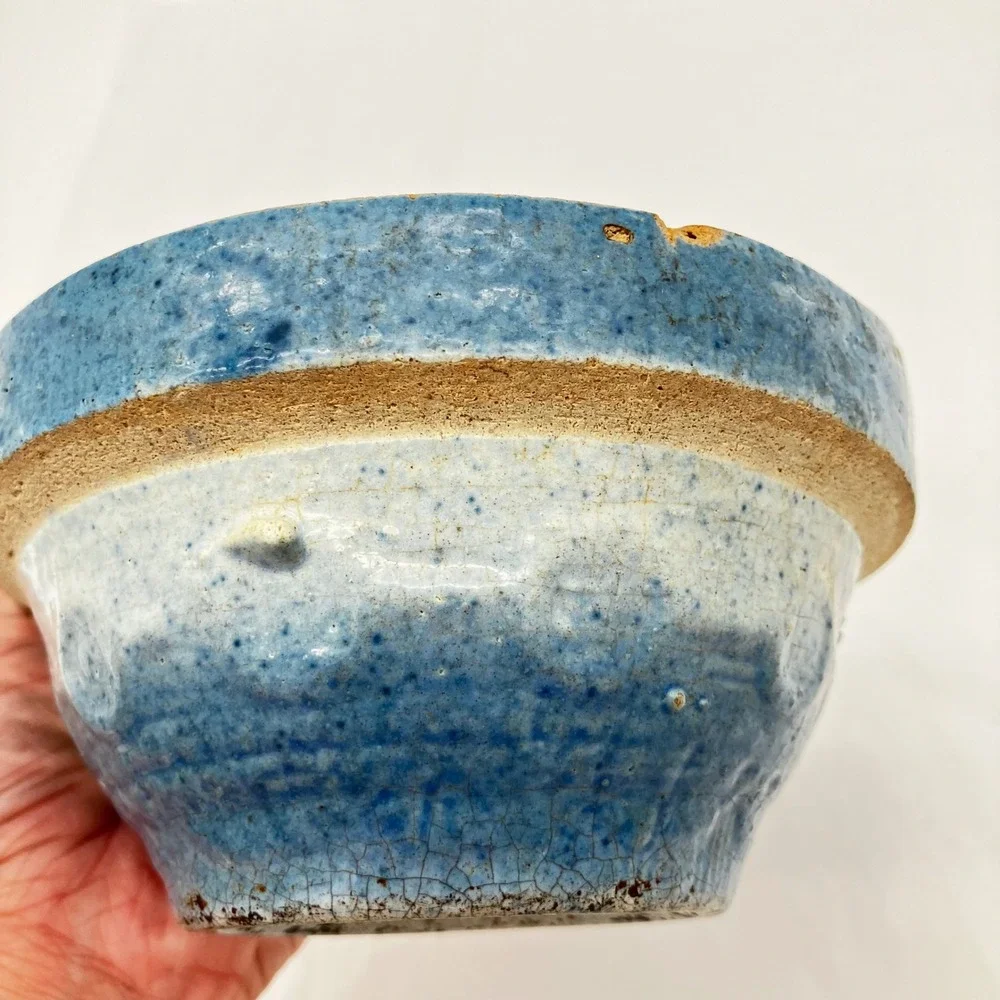 1900s Antique Blue&White Salt Glazed Stoneware Nesting Mixing Bowl Wedding Ring